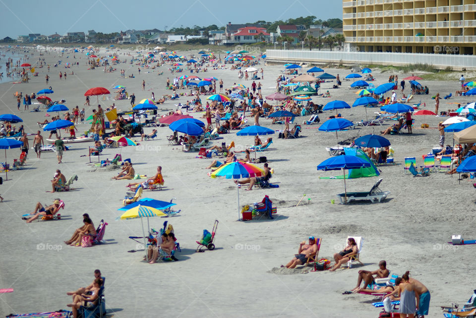 Busy Beach with Sunbathers and Beach Umbrellas 