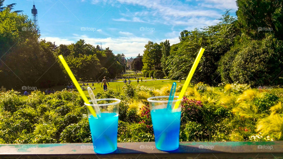 Two Granita blue glasses in the park . 