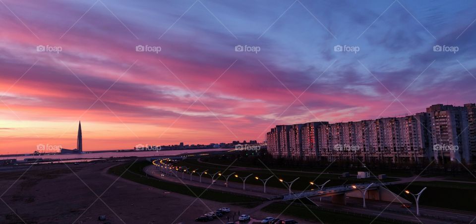 sunset on the background of the cityscape