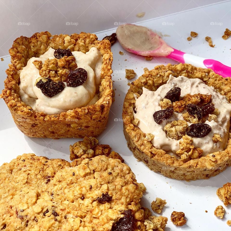 Oatmeal set with granola bits raisin strawberry custard, cherry cheese for messy play with toddler or preschooler 