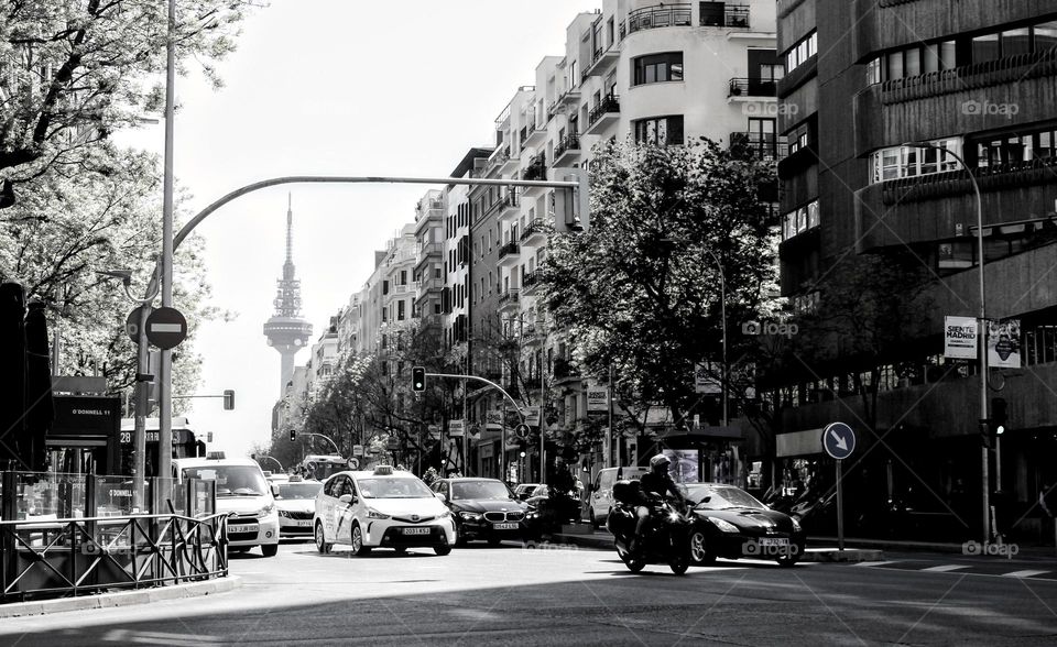 El Pirulí or Torrespaña, the iconic broadcasting tower of Madrid. Spain.