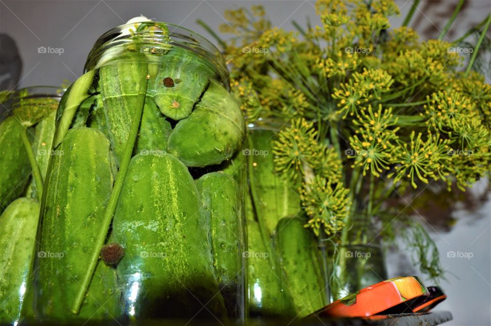 Low angle view of cucumber in jar