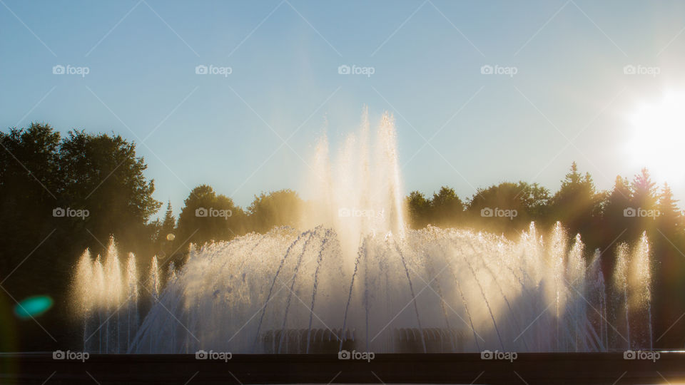 Beautiful fountain at sunset in Gorky park.  Moscow