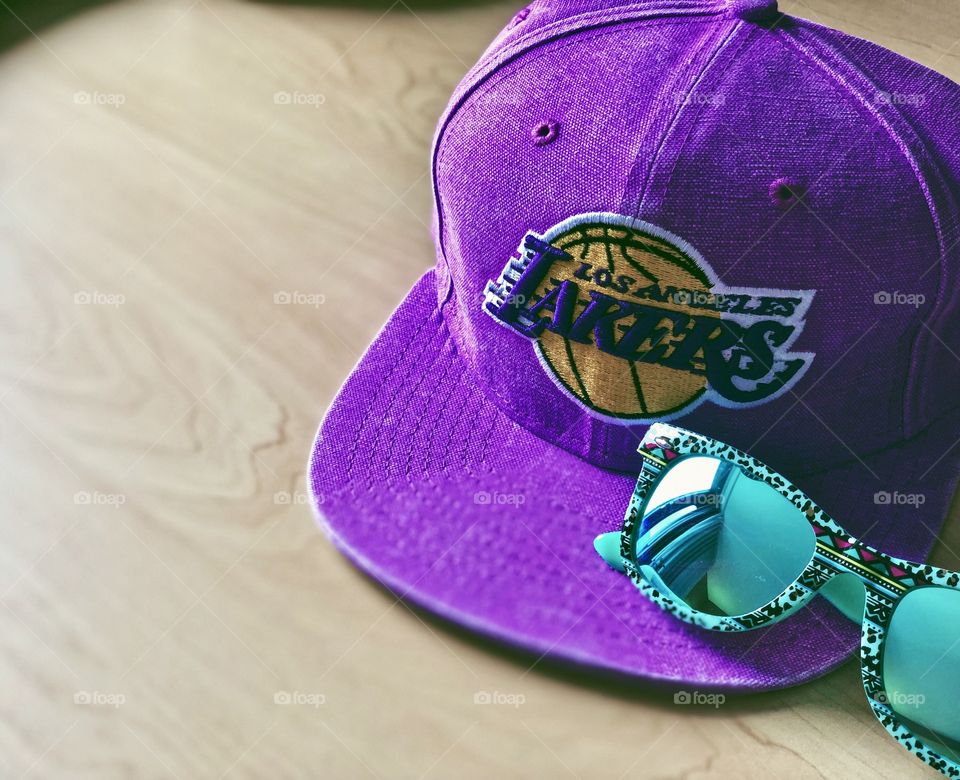 Lakers Snap Back Hat With Sunglasses, Vacation In Los Angeles, Purple Lakers Hat, Fashion Accessories, Summer Accessorizing 