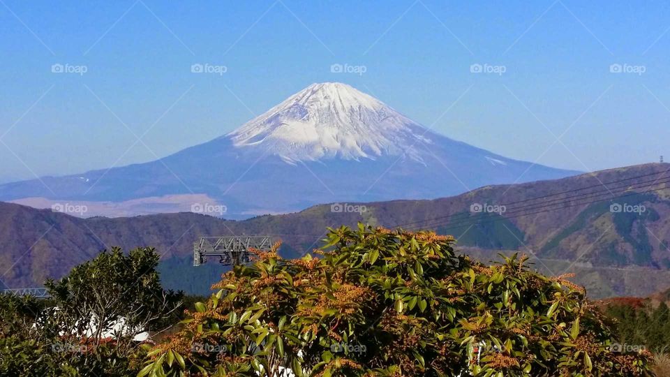 On a clear day, the iconic Mt. Fuji of Japan...