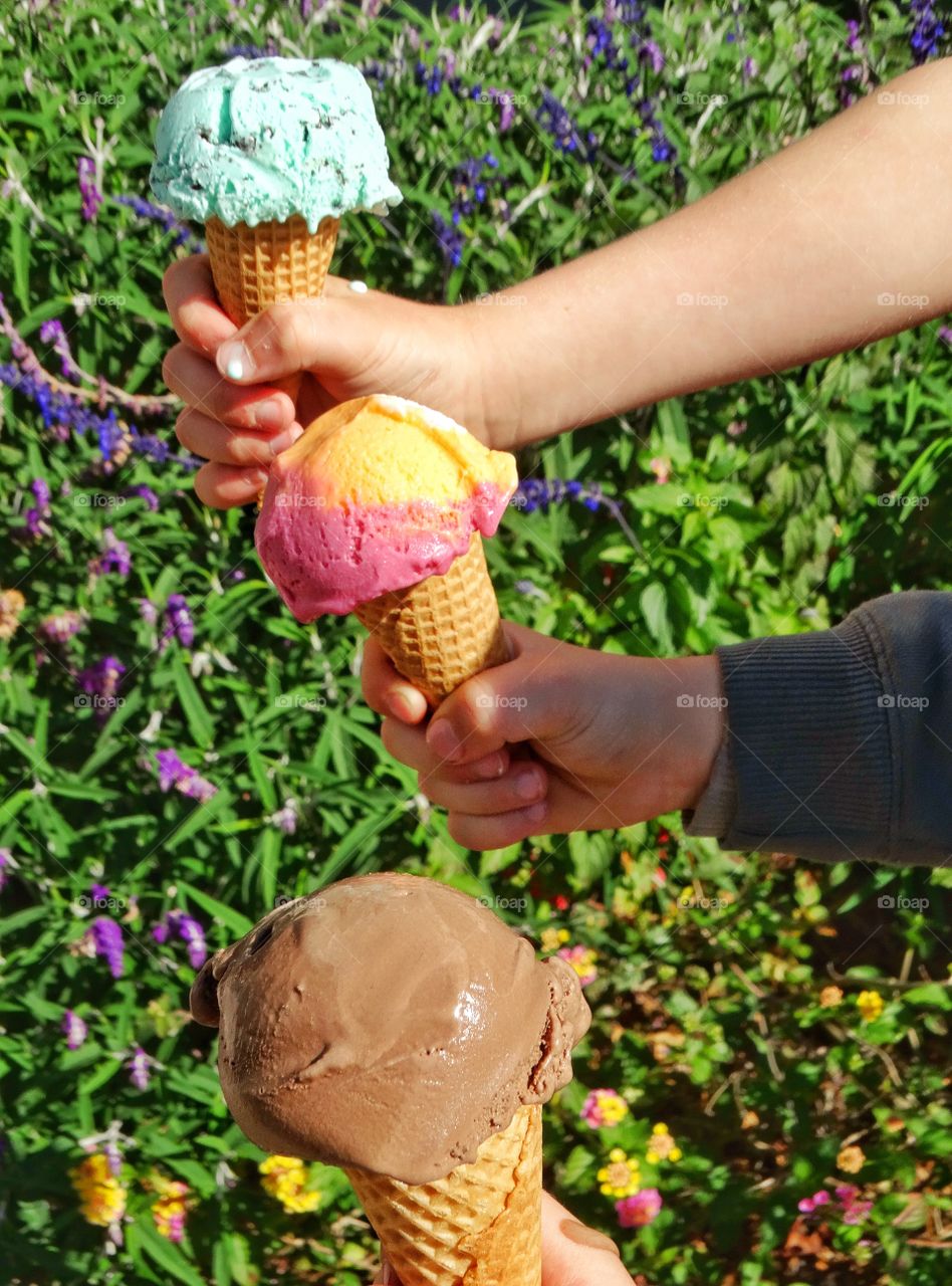 Hands Holding Ice Cream. Hands Holding Three Different Colorful Flavors Of Ice Cream
