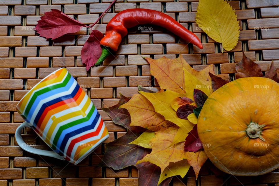 cup and colours leaves cozy winter