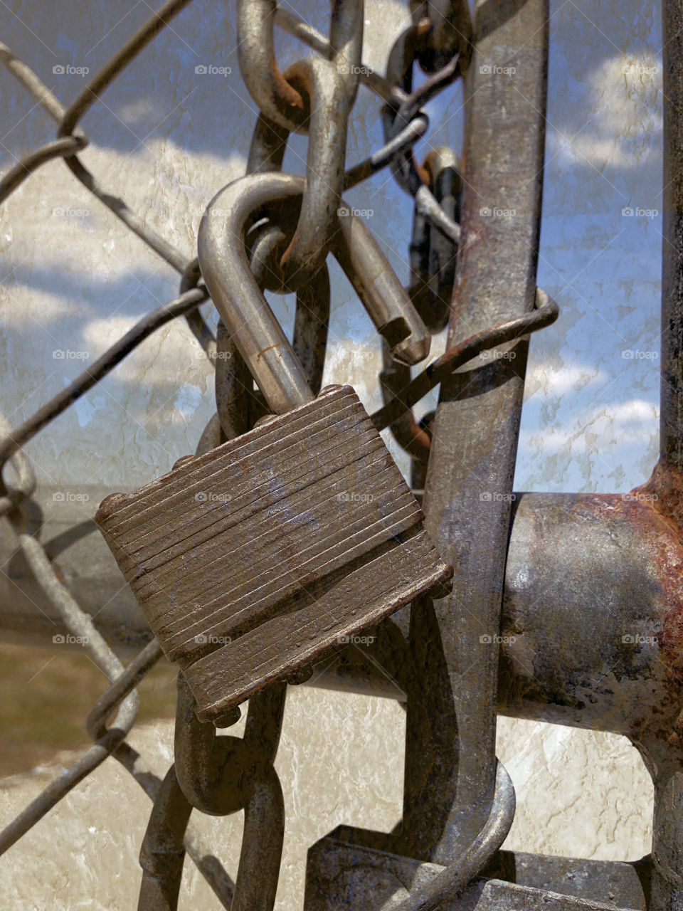 Grungy open padlock on a rusty fence an invitation to walk through.