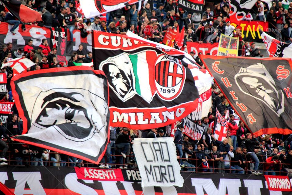 Ac Milan supporters . Curva Sud at San Siro Stadium during a normal match. Imagine in Champions League