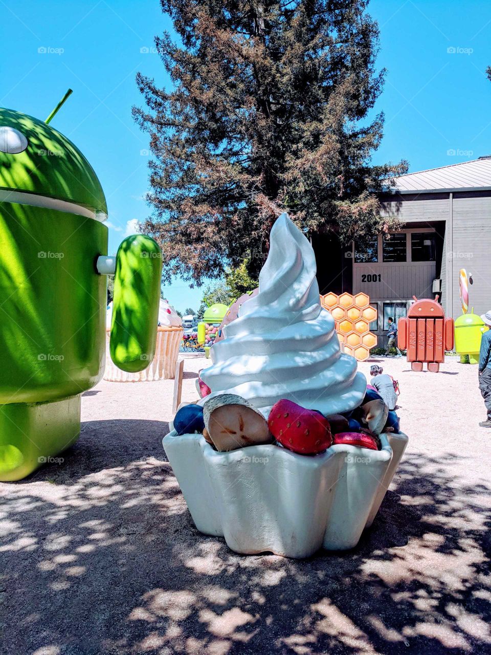 Ice cream sundae Android update statue at the Googleplex.