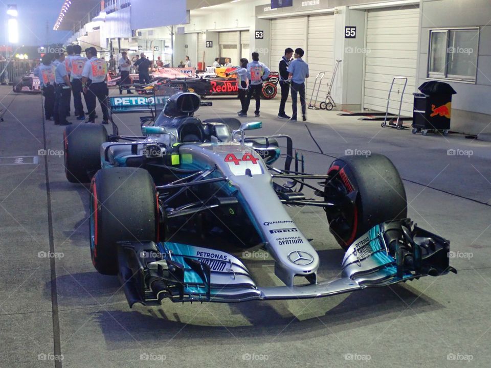 Mercedes Lewis Hamilton F1 car on the paddock