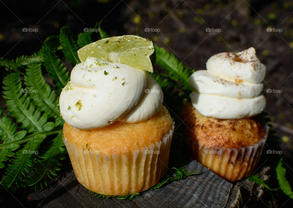 Key lime and nutmeg cream spice beautiful cupcakes on wood with fresh zest and citrus  flavourings on a fresh nature background 