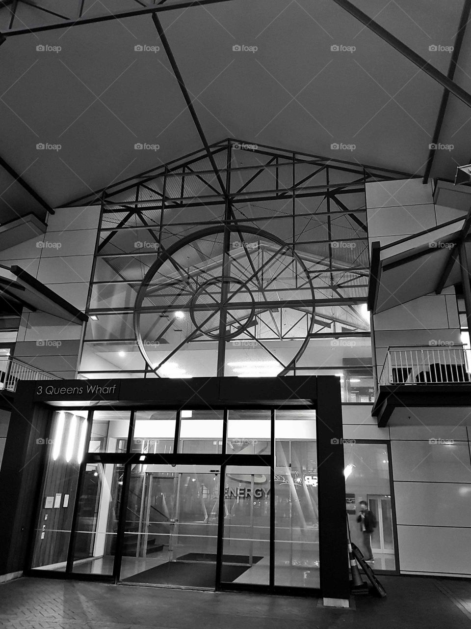 The amazing architecture of a building in the Wellington city area. Black and whit picture.