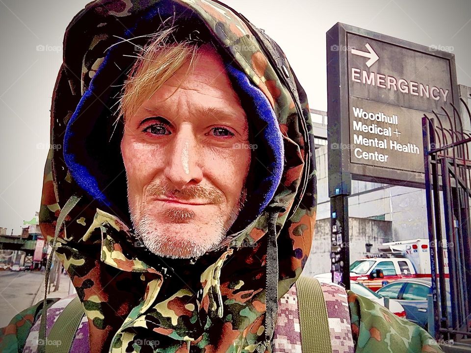 Timothy Trespas wearing his German “Military Fatigue” overcoat highly rated for efficiency with zippered in layers for added warmth. I keep wondering why the camouflage is called “fatigue” and not “stamina”. 2019. Hypnotic Productions