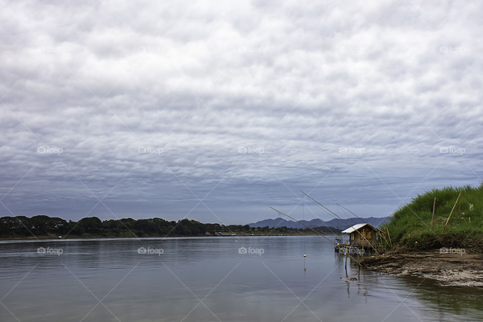 The Floating Fishing and sky on the Mekong River at Loei in Thailand.