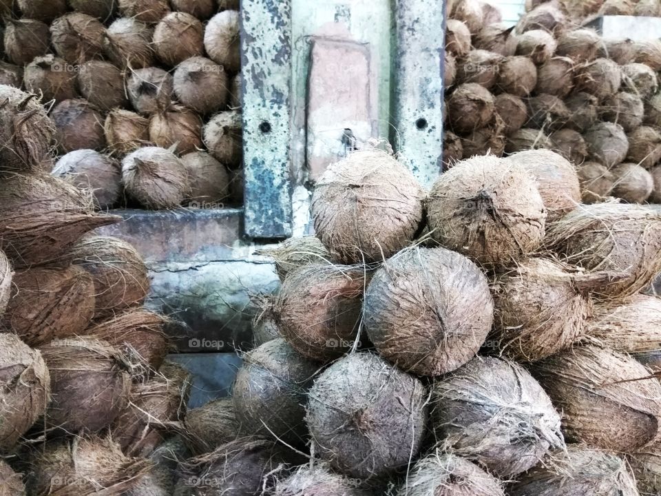 A coconut stall in a market