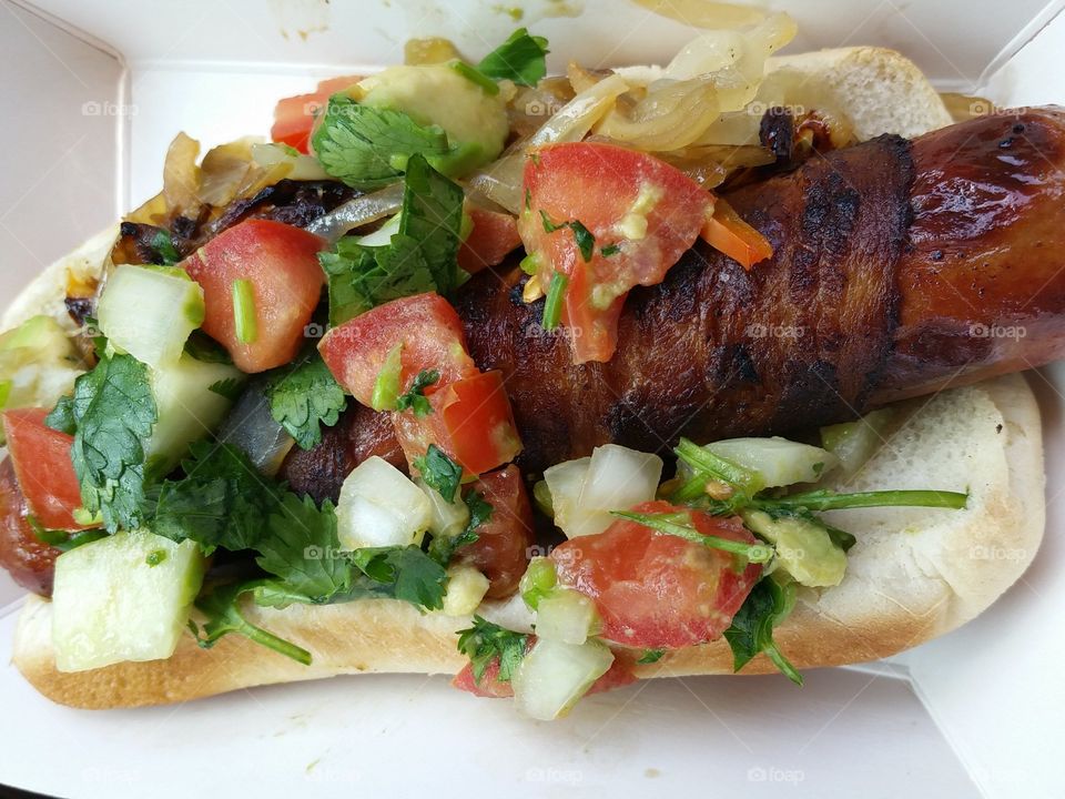 alley dog. bacon wrapped hot dog with pico de gallo