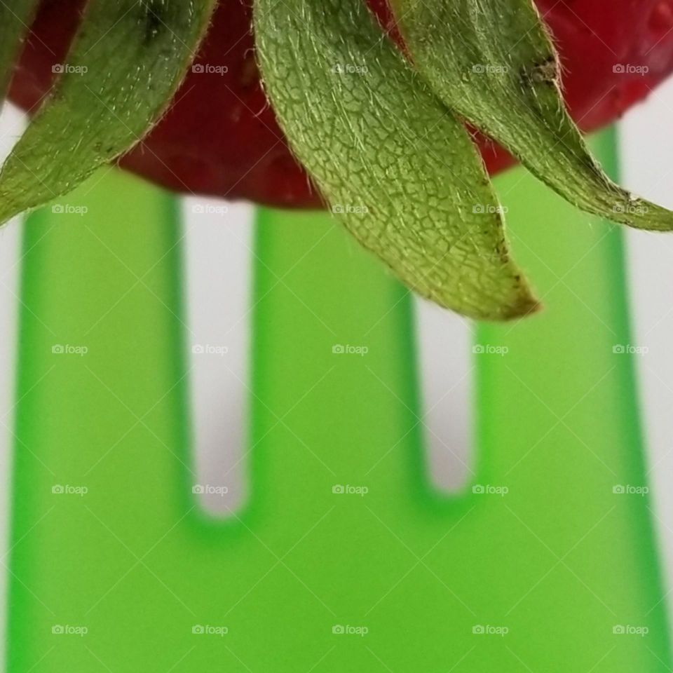 Green Fork with Strawberry & Leaves close up