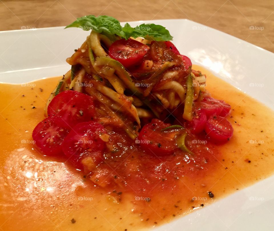 Homemade Spaghetti styled Zucchini fresh on Marinara Sauce.