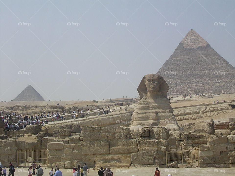 Two of the pyramids and the sphinx
