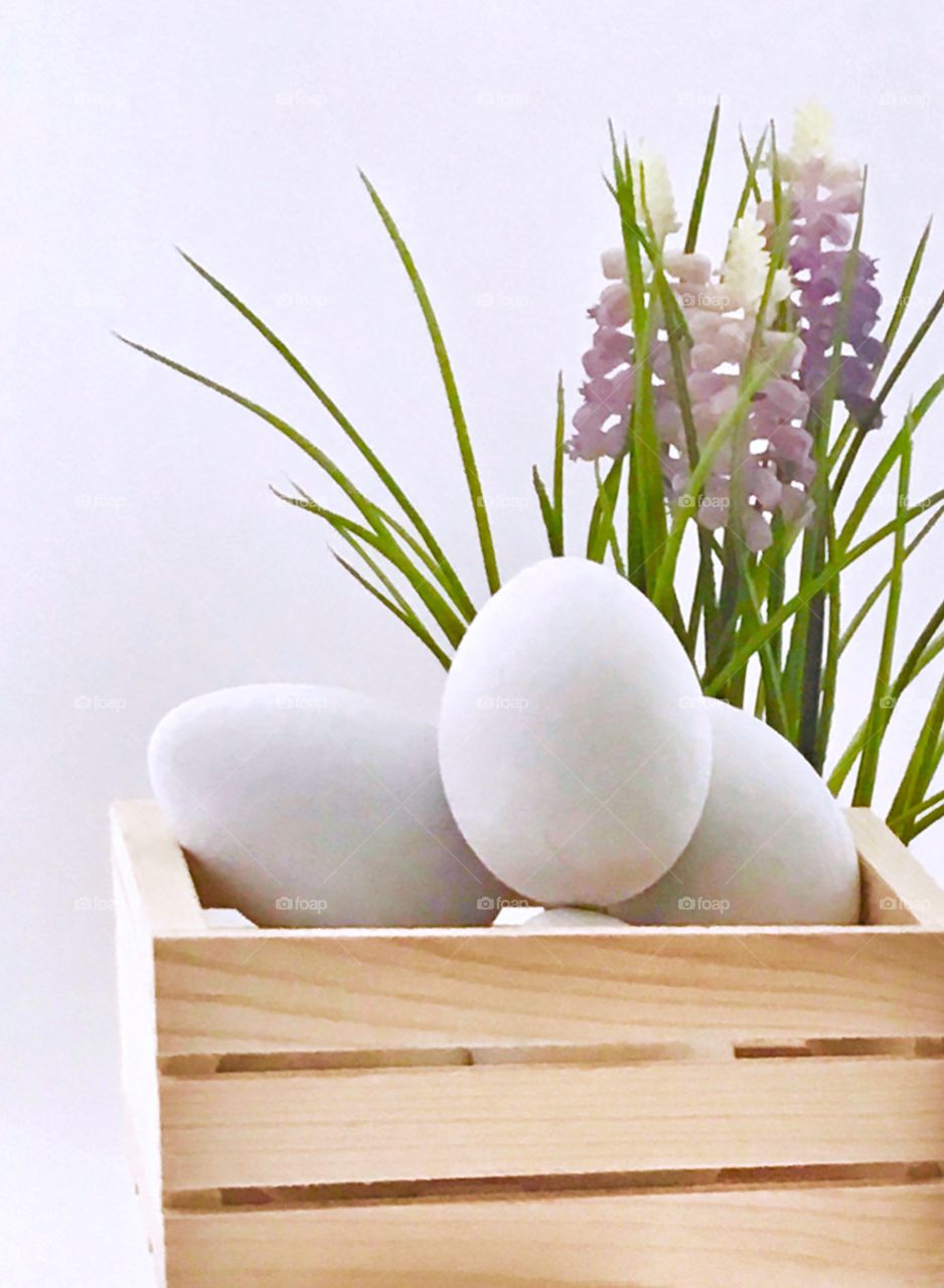 Egg in wooden container on white background