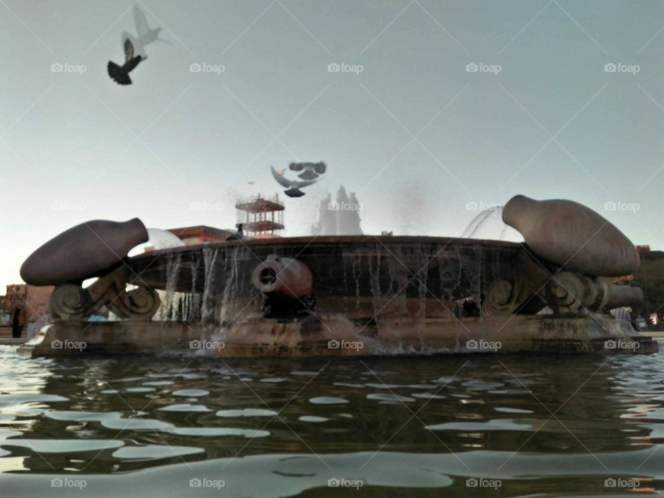 Beautiful fountain and nice flying of pigeons