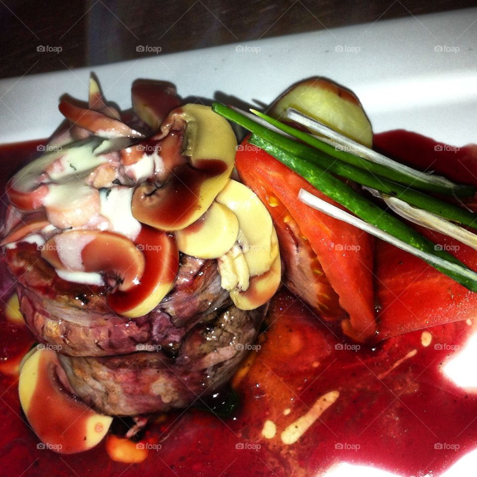 Filet Mignon. Filet Mignon with wine sauce, on a French restaurant on Bolivia. 