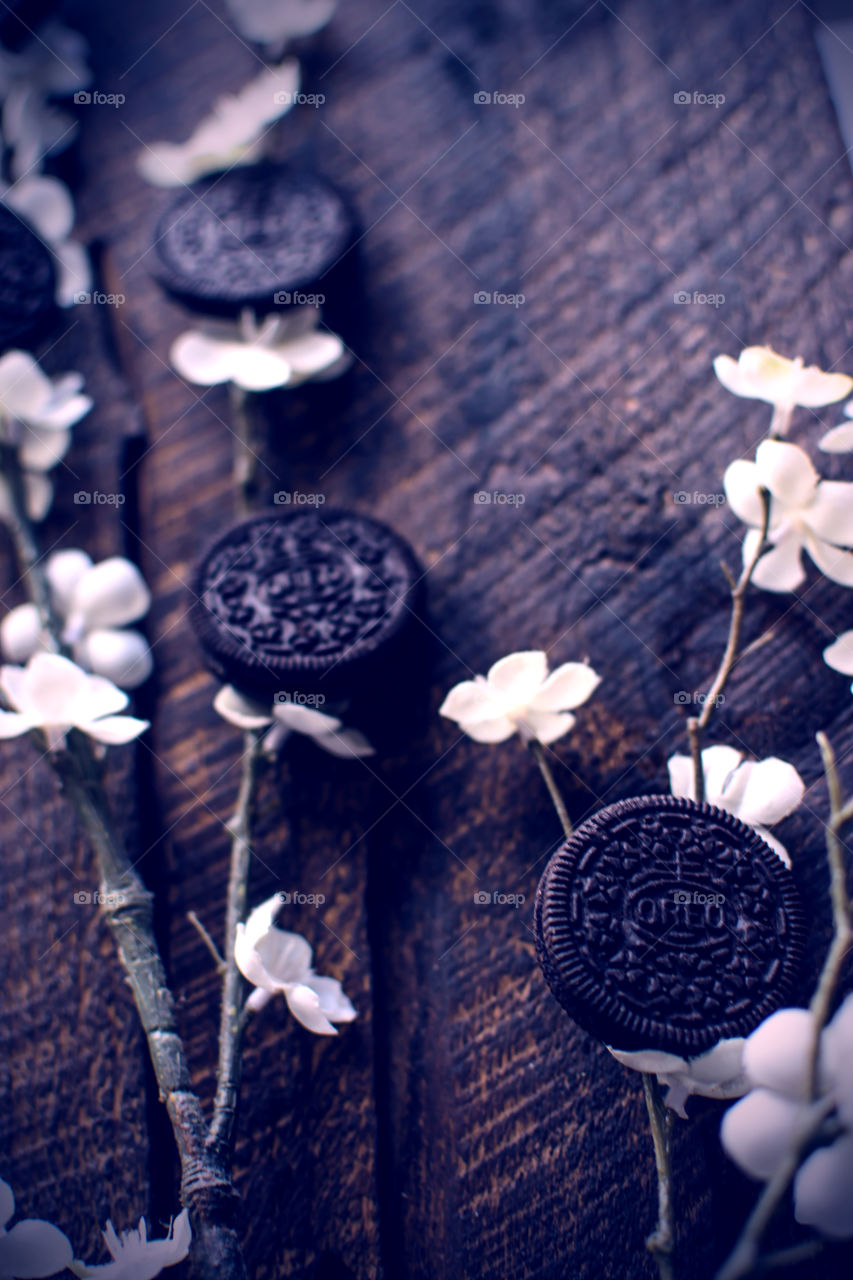 Playful Oreo Cookie Art Photography contrast with rustic wood background and traditional spring symbolic cherry blossom flowers 