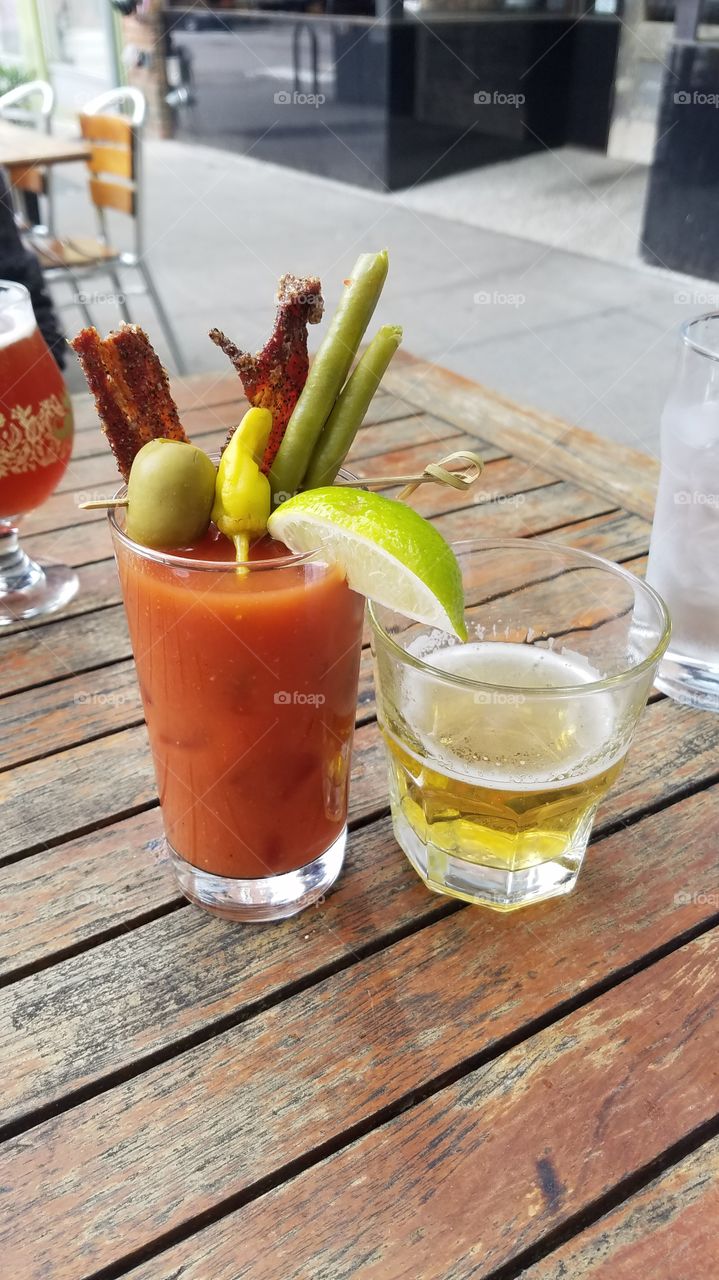 Bloody Mary with Bean, Bacon, Pepper and Beer Sidecar
