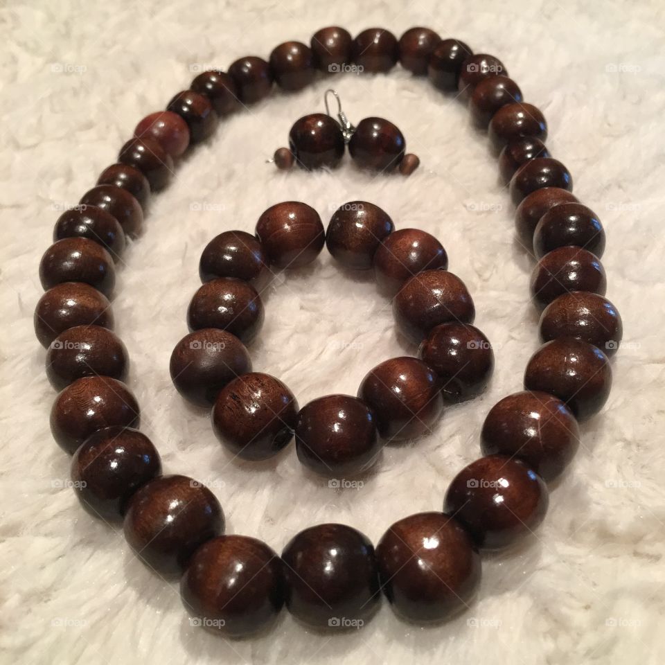 Beautiful dark brown wooden beaded necklace bracelet and earrings
