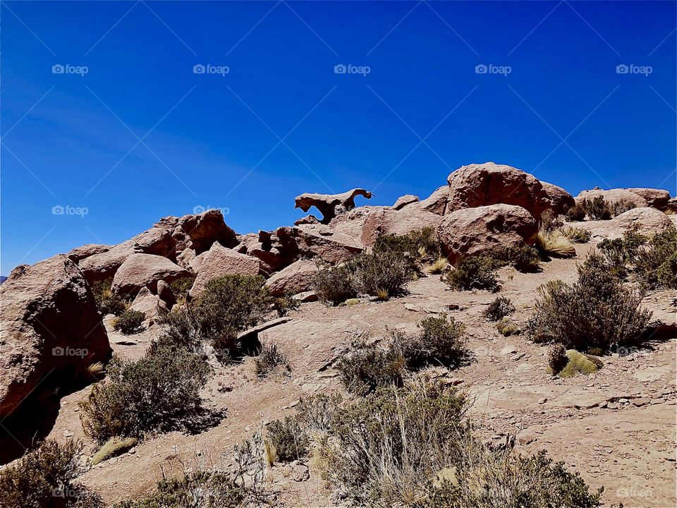 Hills of rocky dry land with sparse vegetation as well as desert line the shores of the “Uniyuni Salt Lake” in “Bolivia” in “Central America”. 2022. Hypnotic Productions