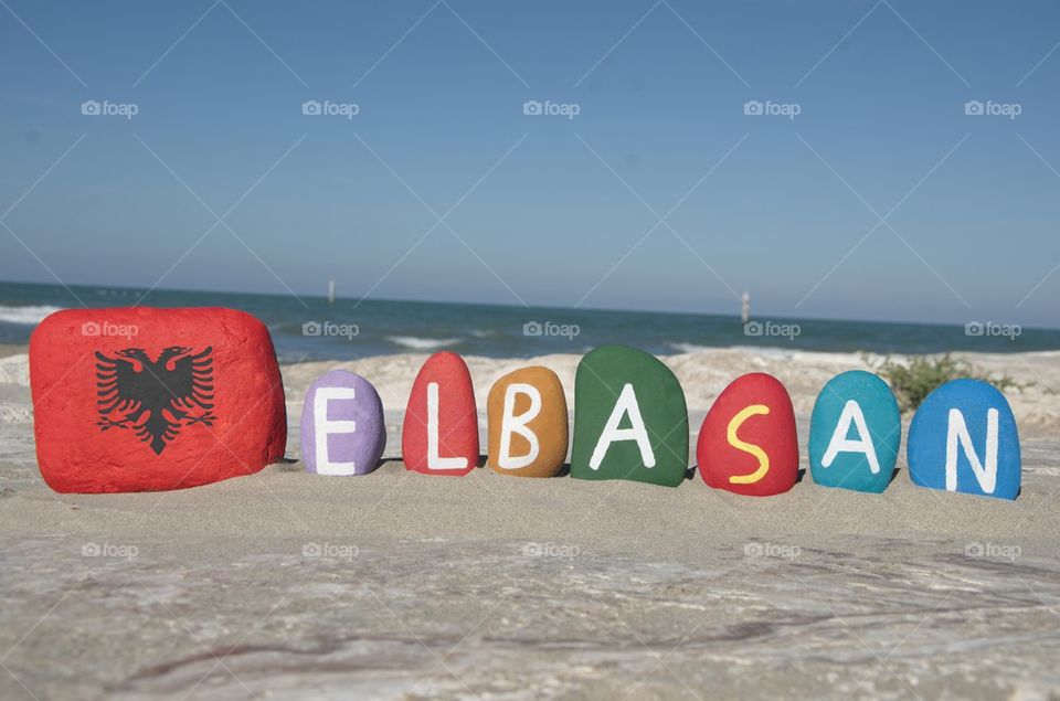 Elbasan, Albania, souvenir on colourful stones