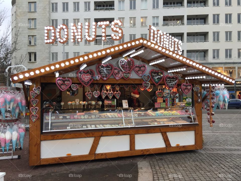 Dounuts store at a christmas market in Sweden.