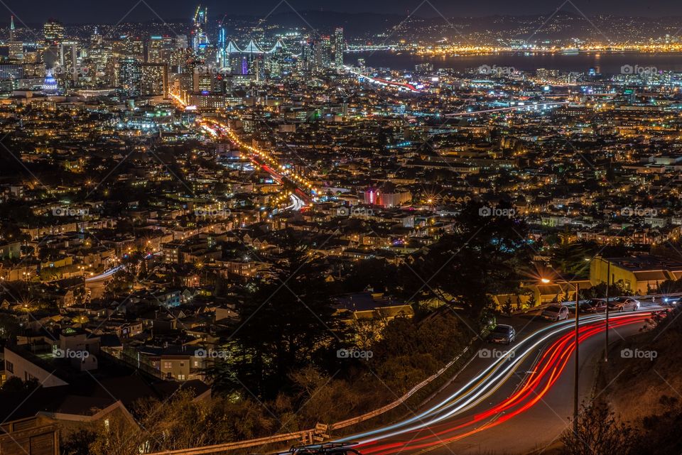 High angle view of city at night