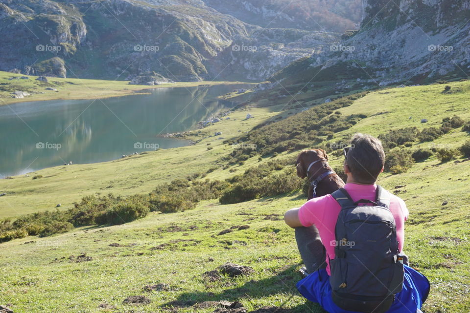 Adventure#training#nature#panorama#lake#human#dog#mountains