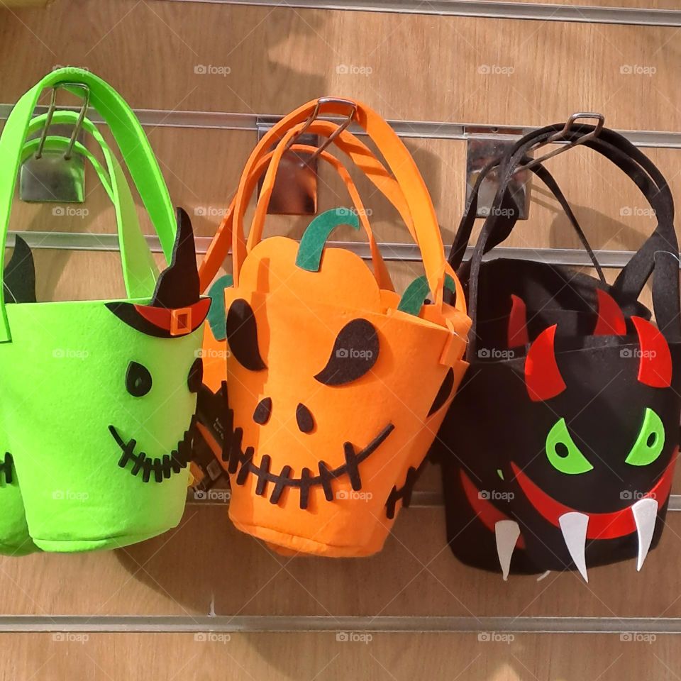 halloween  decorated buckets for trick or treat. scary childrens to carry