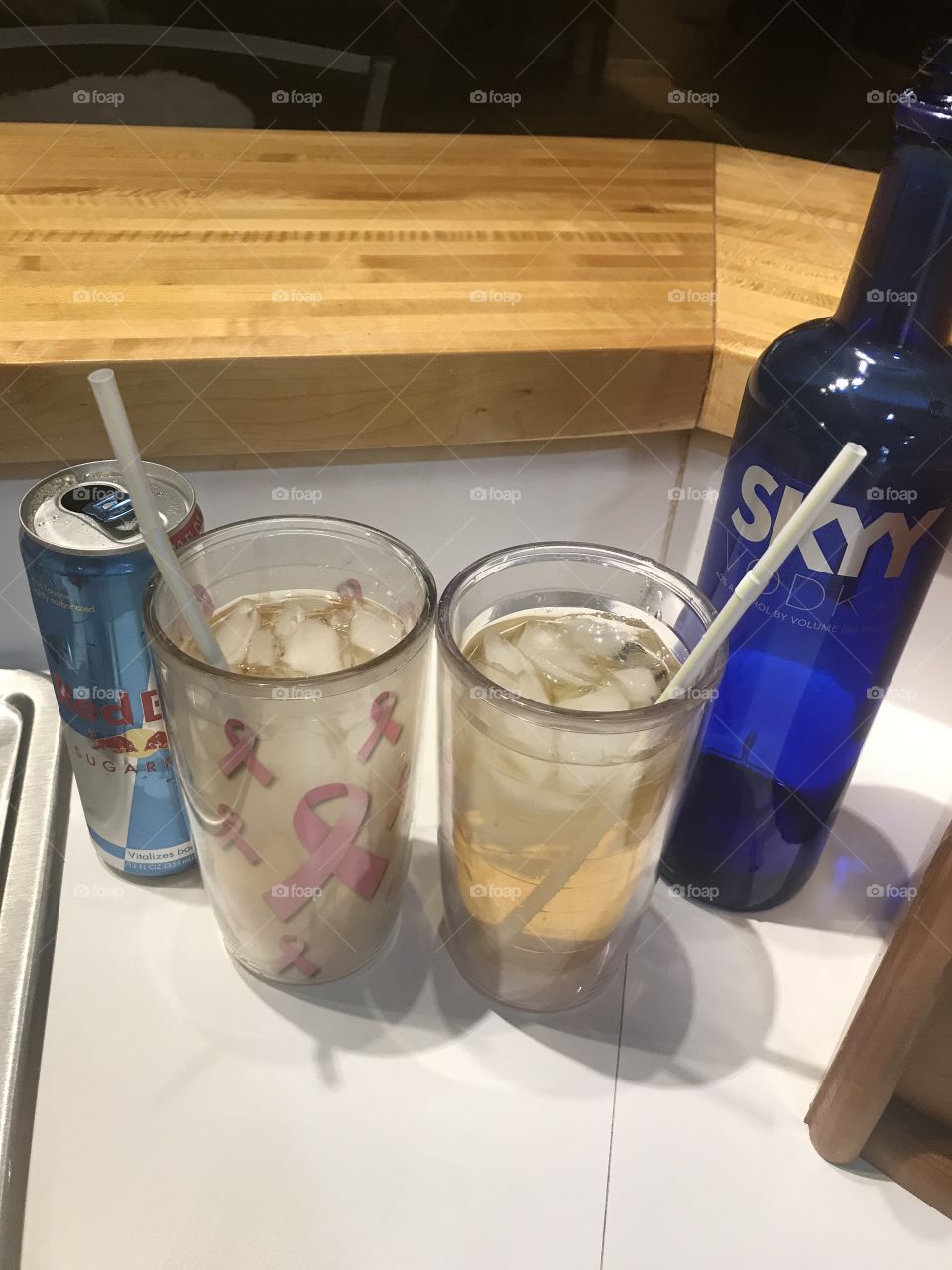 Skyy vodka and sugar free RedBull is the perfect low calorie, caffeinated cocktail. 