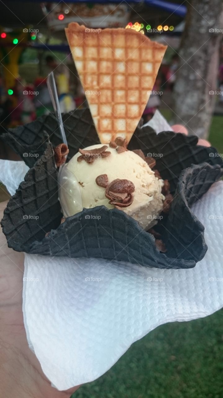 Charcoal waffle ice cream. Gula Melaka ice cream with charcoal waffles