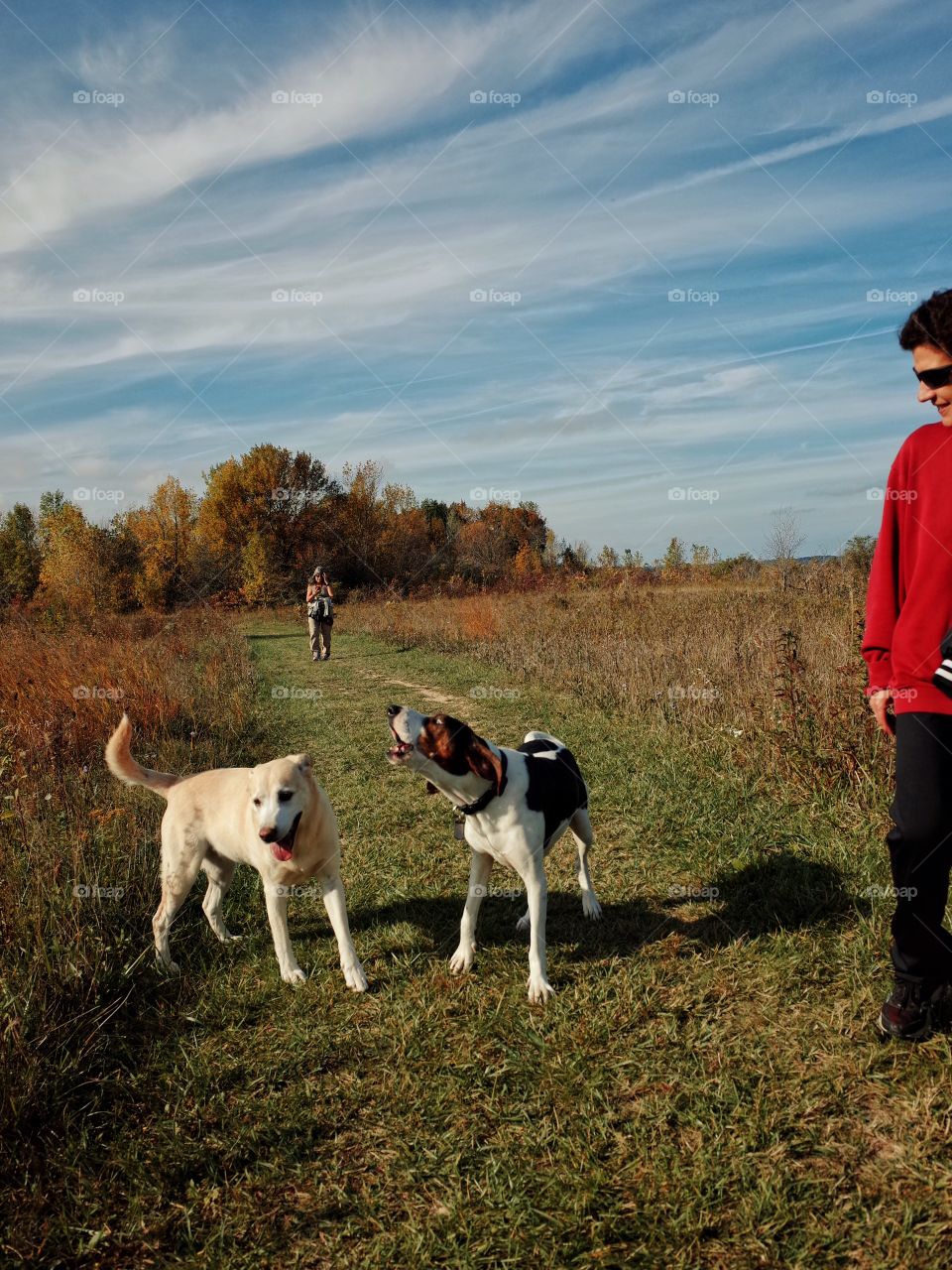 Man looking at barking dog against cloudy sky