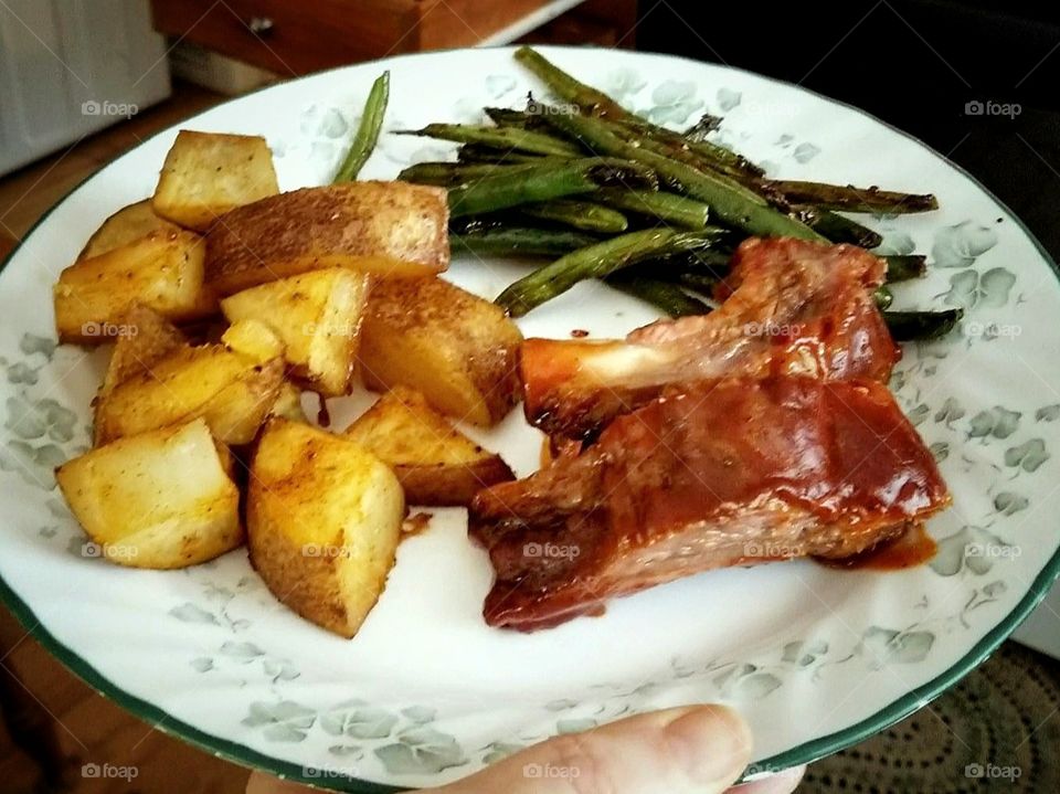 Homemade Ribs Potatoes and Green Beans