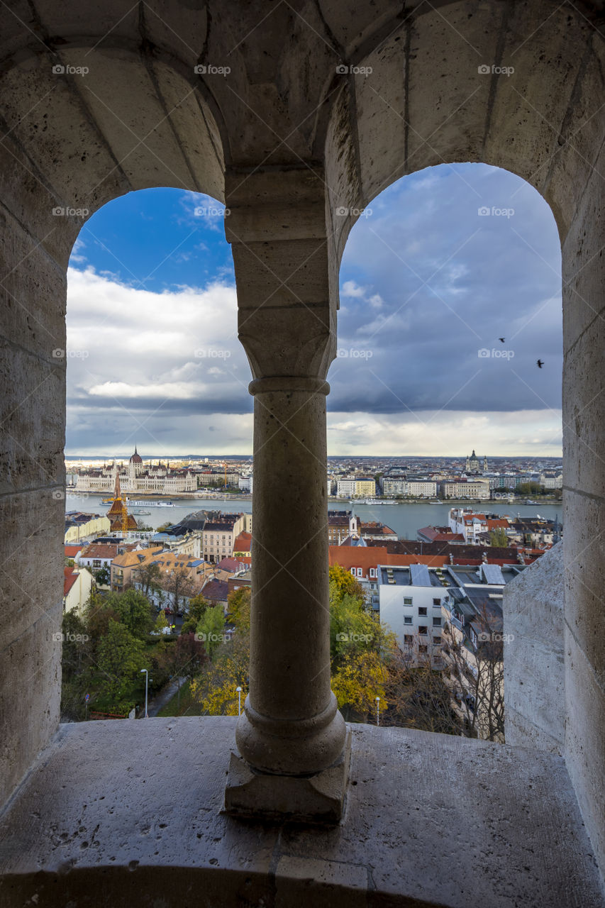 View on the Danube and the parliament from the fisherman's bastion, Budapest, Hungary.