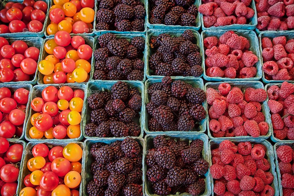 Fruit at a farmer's market in Seattle. . A fruit stand at a farmer's market. 