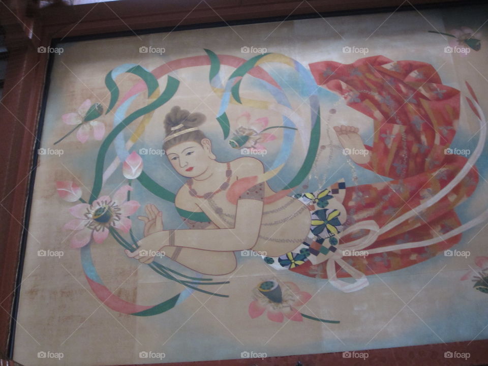 Buddha with Flowers Painting on Ceiling inside Asakusa Kannon. Sensoji Buddhist Temple and Gardens. Tokyo, Japan.