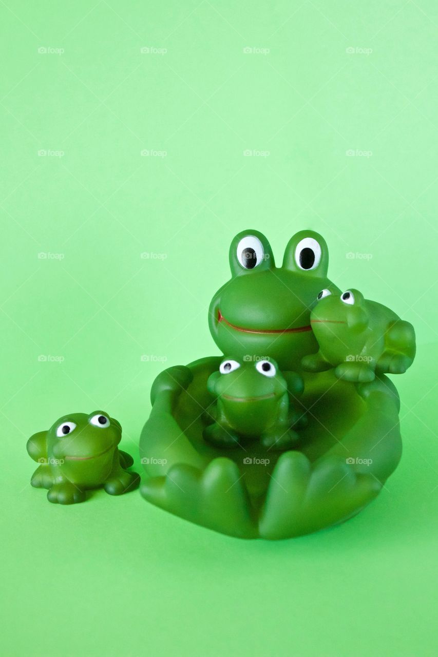 Rubber frog family on a green background 