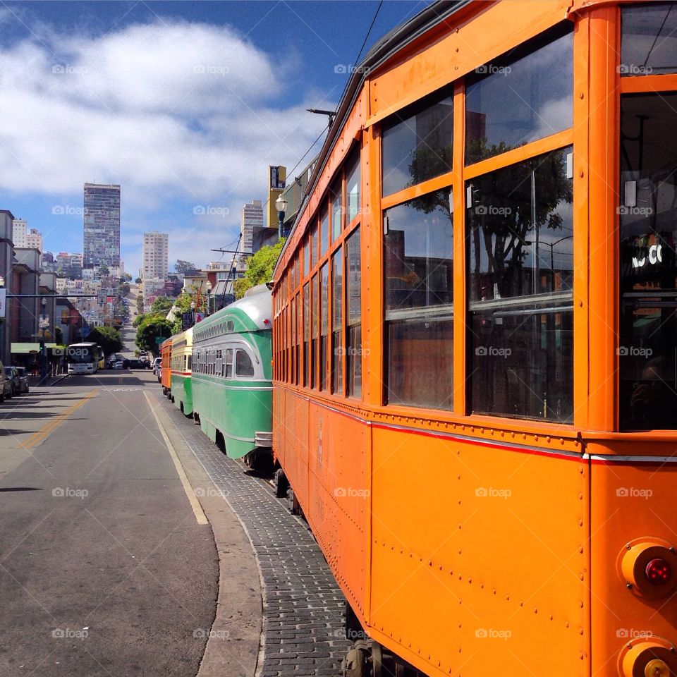 San Francisco trams. San Francisco trams at foot of street