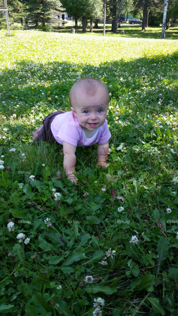Baby crawling in grass