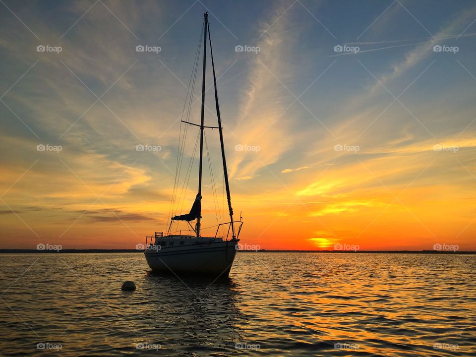 Sunset, Water, Sailboat, Sea, No Person