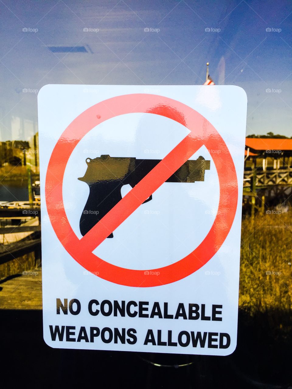 Sign. Sign on a local business stating "no concealed weapons allowed"