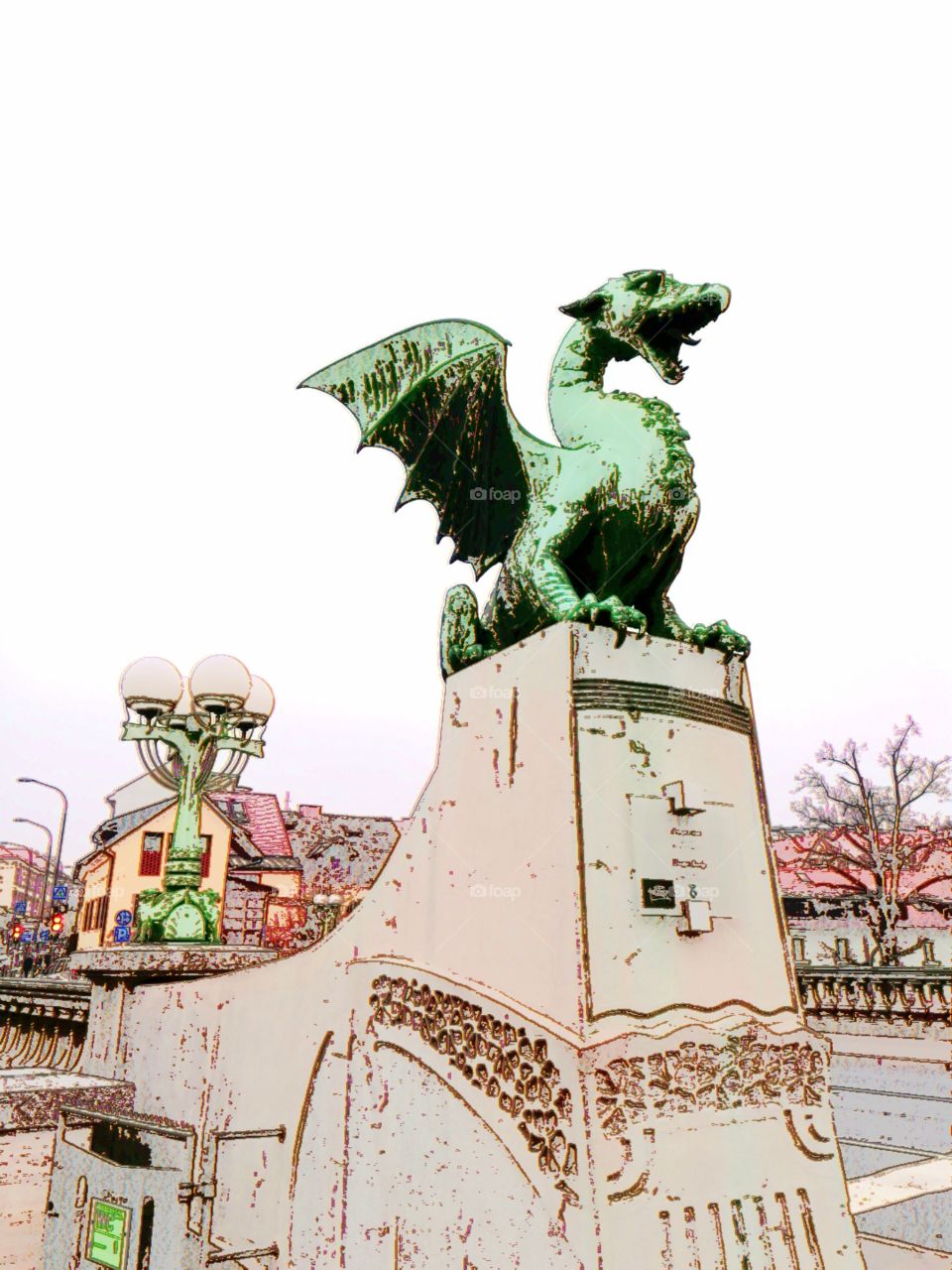 Dragon sculpture on Dragon Bridge in "City of the Dragons" Oldtown Ljubljana, Slovenia