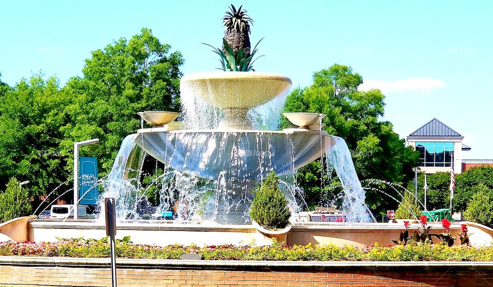 Gorgeous streaming classic summertime fountain with tropical pineapple atop, luxury of summer.
